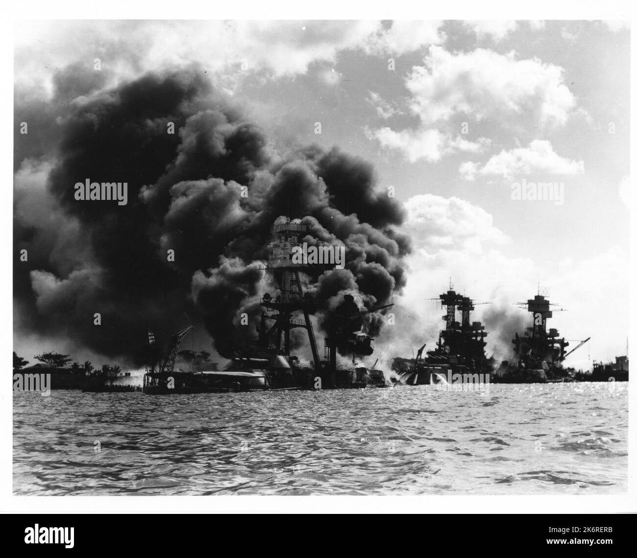 Photograph of Burning and Damaged Ships at Pearl HarborBurning and damaged ships at Pearl Harbor, Dec. 7 1941. Stock Photo