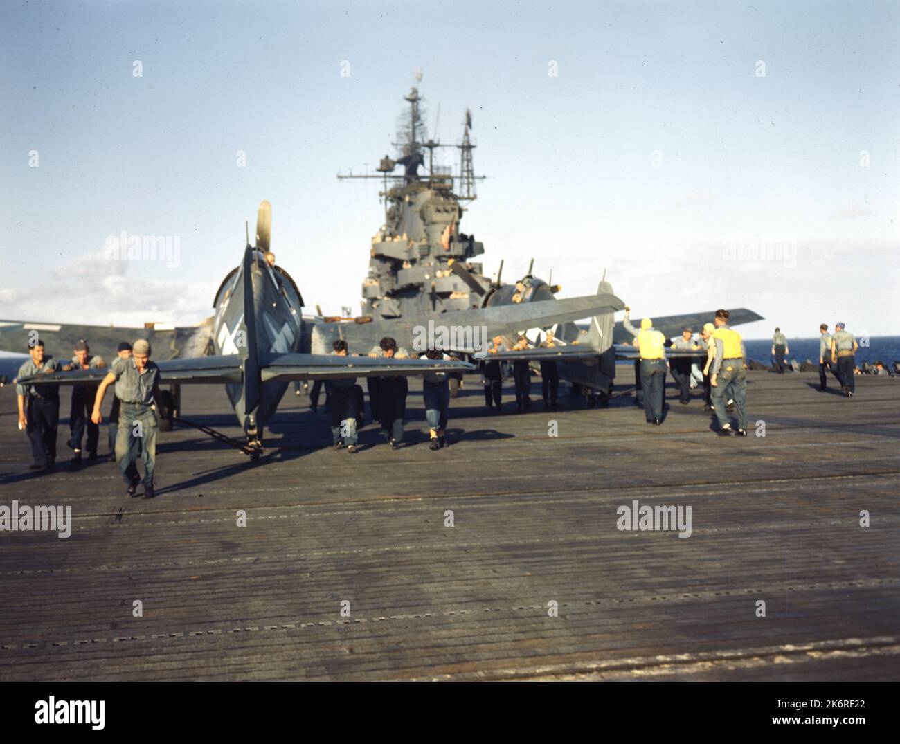 Spotting F6Fs on Flight Deck of USS Yorktown (CVA-10) Stock Photo