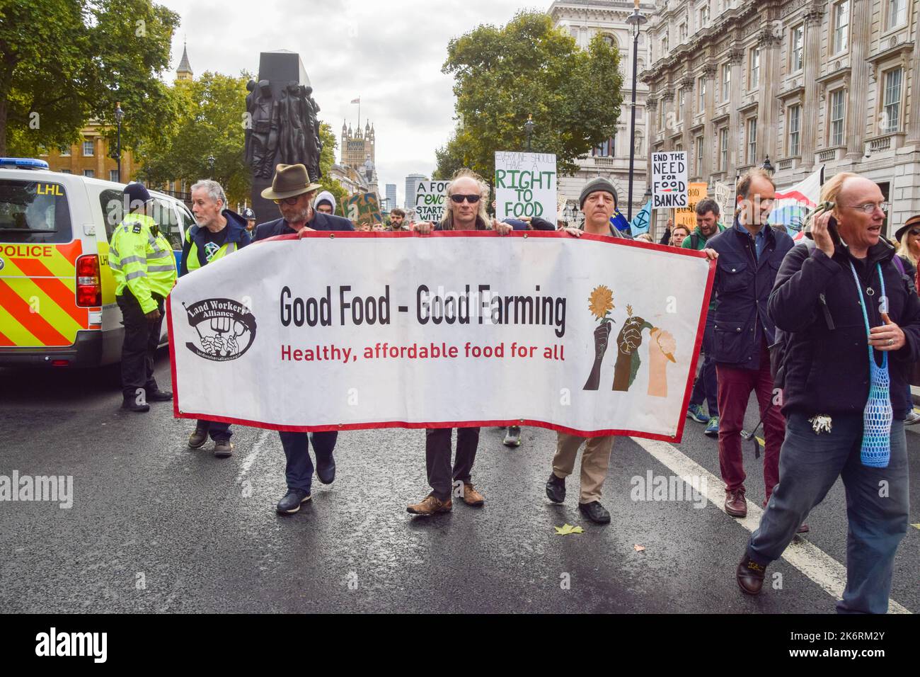London, UK. 15th October 2022. Protesters in Whitehall. Farmers and supporters marched in Westminster demanding a better food and farming system in the UK, to save environmental land management schemes, and to protect nature. Credit: Vuk Valcic/Alamy Live News Stock Photo