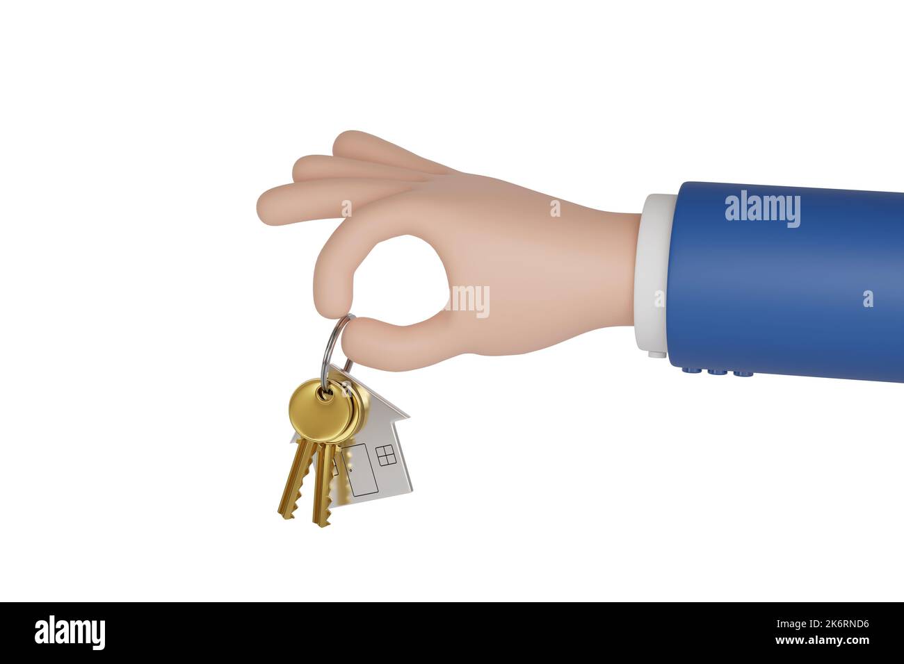 Cartoon hand holding a house shaped key ring. 3d illustration. Stock Photo