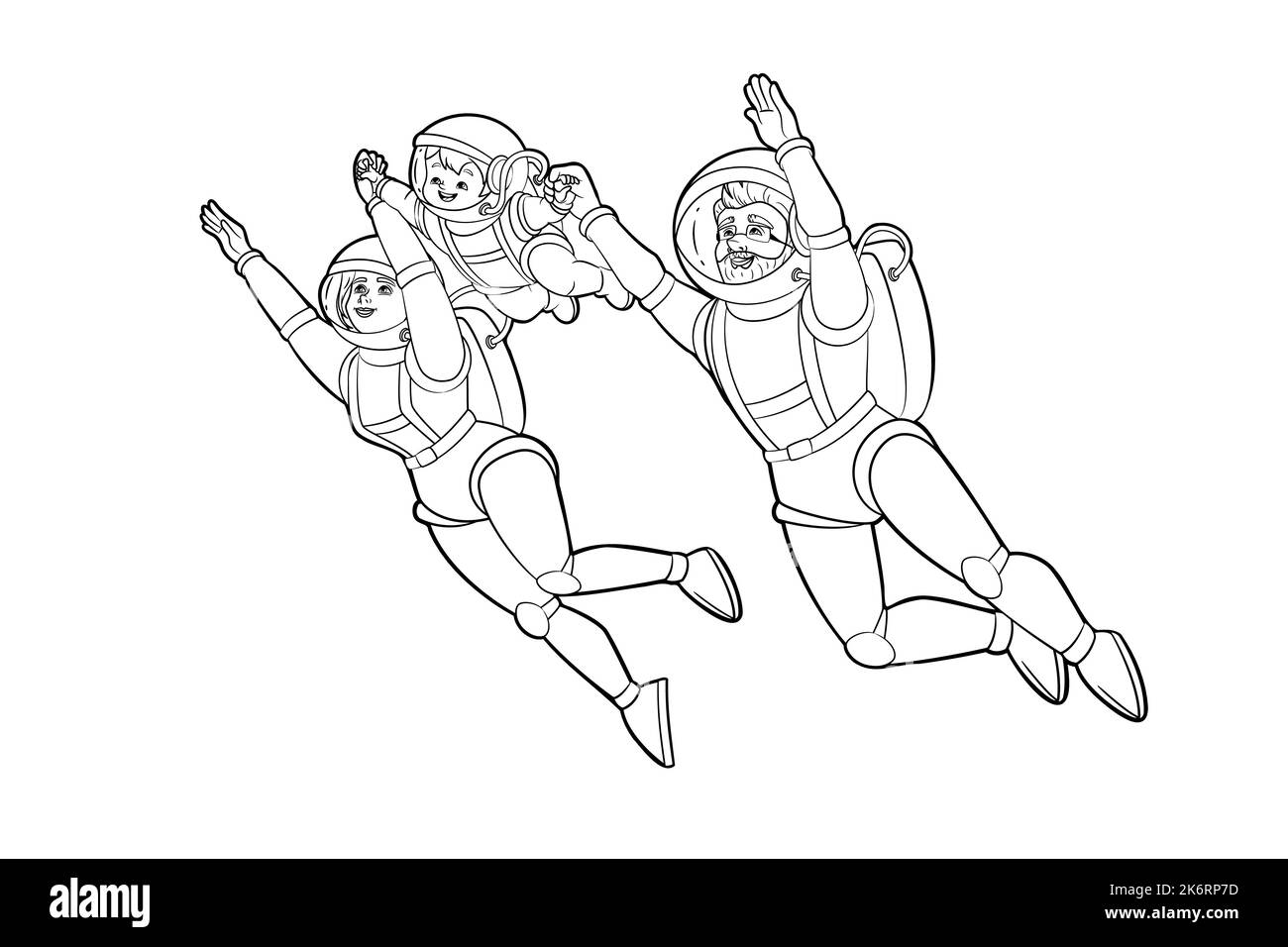 Superman astronaut family flying through the air holding hands.Vector black and white illustration, coloring book, outline Stock Vector