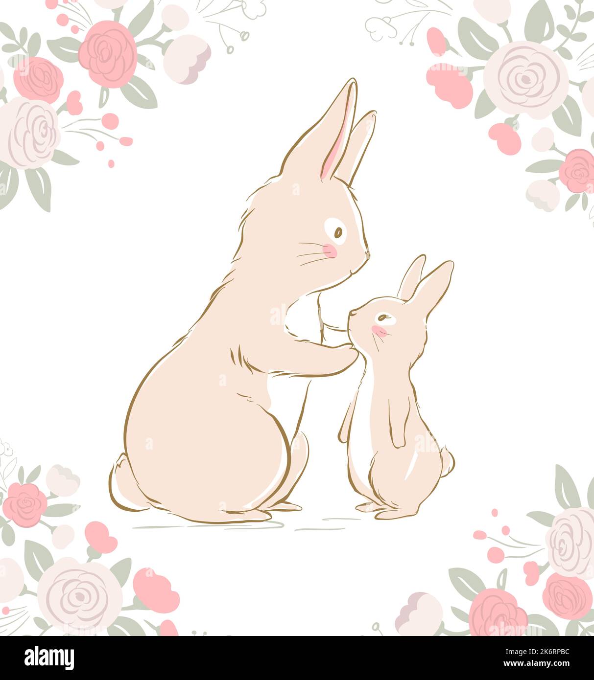 Vector illustration of the mother bunny and baby bunny. Mother and baby rabbits surrounded by rose flowers frame Stock Vector