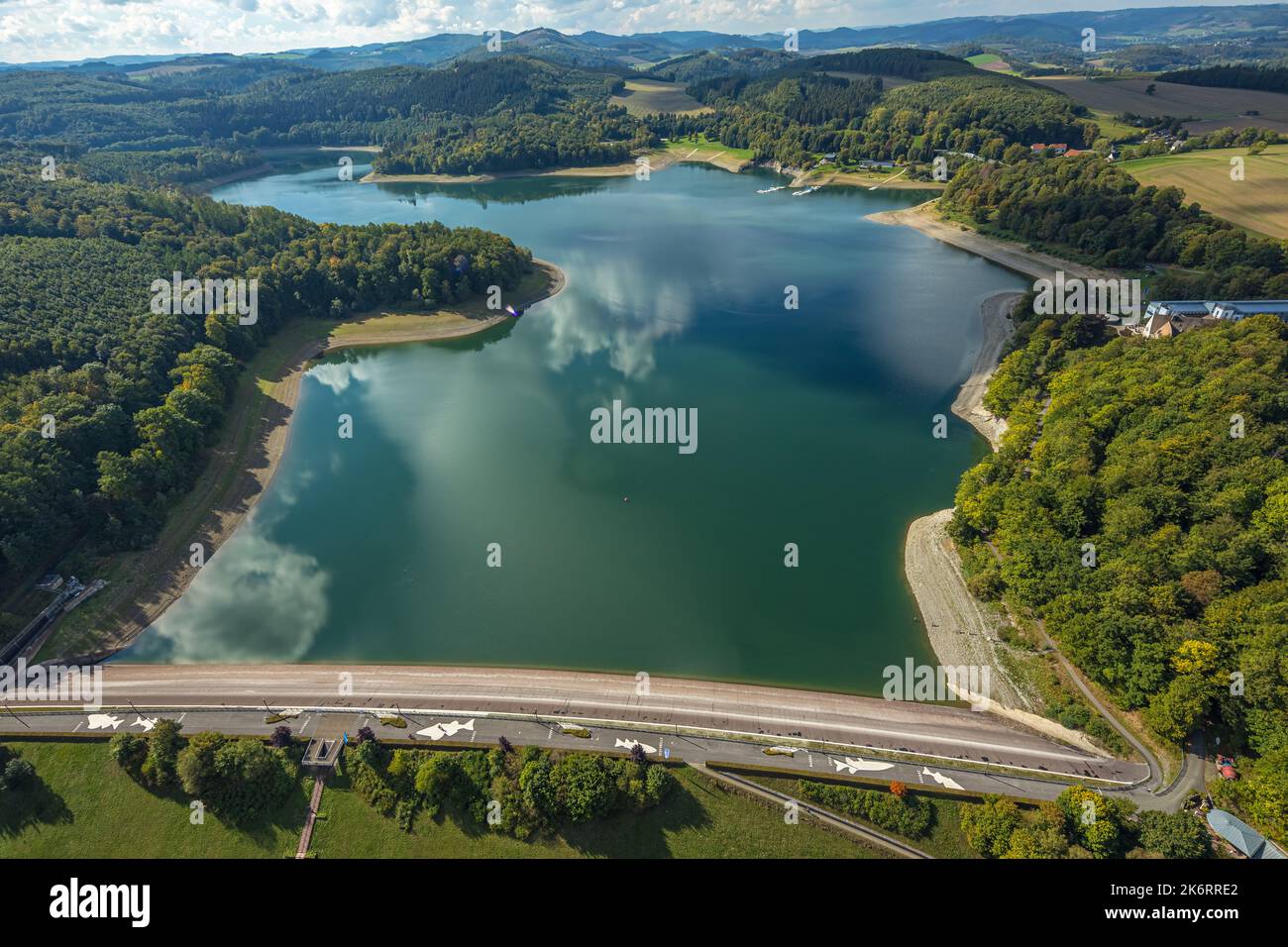 Aerial view, Hennesee dam, sky staircase, cloud spattering in water