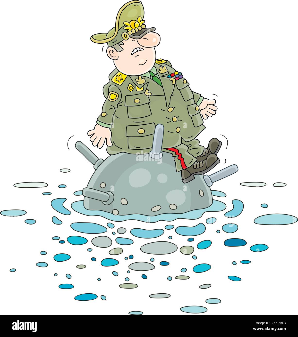 Fat angry army general on a naval anti-ship mine drifting in a sea away from a coast Stock Vector