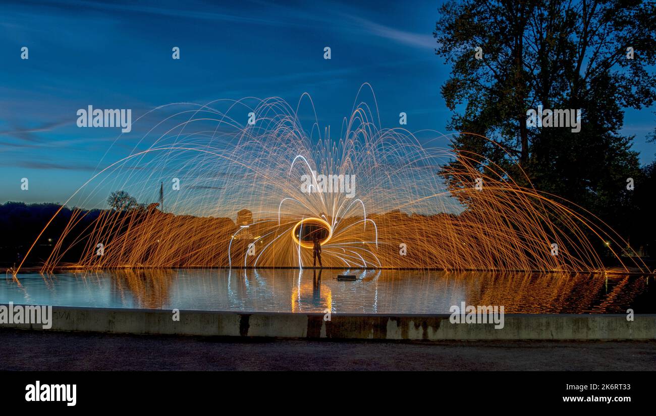 Steel wool Firework - Fun with fire and burning steel - Lightpainting und Stock Photo