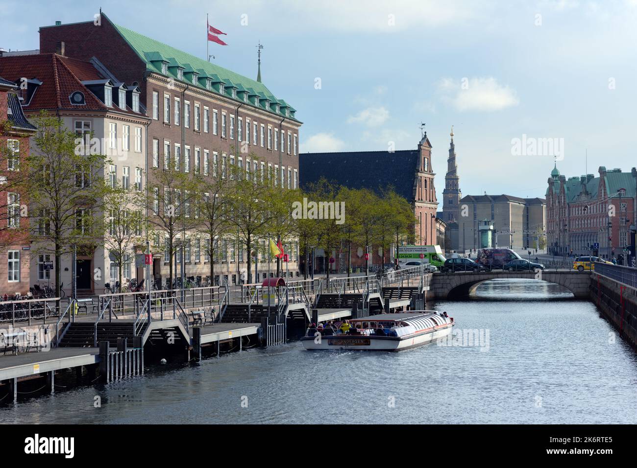 Sightseeing tour boat in Slotsholmen canal, Copenhagen, Denmark Stock Photo