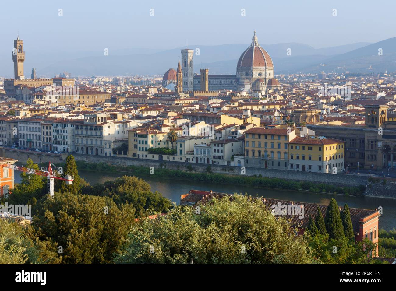 Aerial view of Florence with Florence Cathedral (center) and Palazzo Vecchio (left). Historical center of Florence is UNESCO World Heritage site Stock Photo