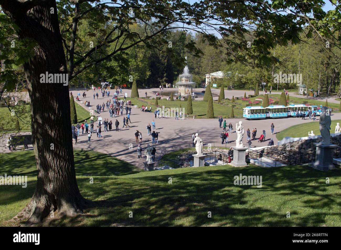 People walking at the Roman fountains in the Lower Park of Peterhof, St. Petersburg, Russia Stock Photo