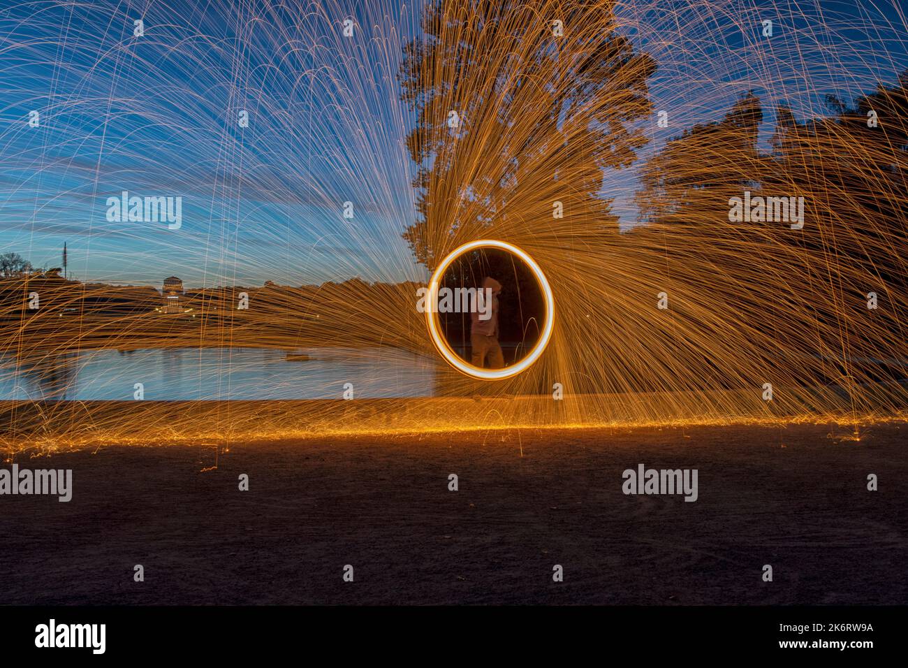 Steel wool Firework - Fun with fire and burning steel - Lightpainting und Stock Photo