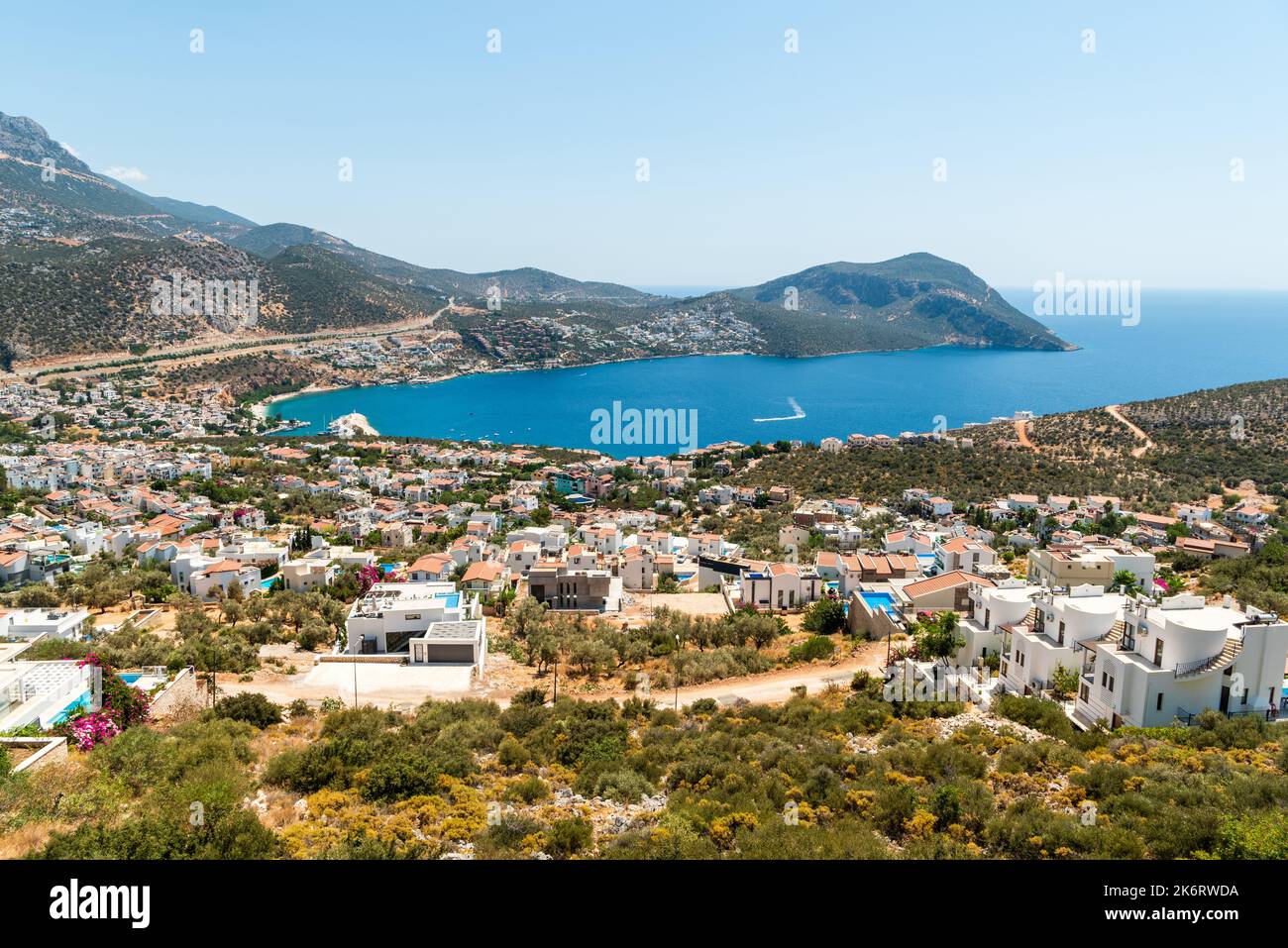 View over Kalkan harbourside town on the Mediterranean coastline in Antalya province of Turkey. Stock Photo