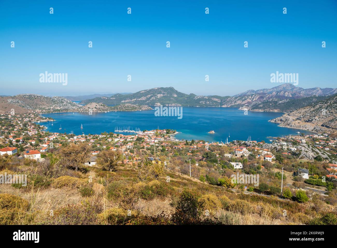 View over Selimiye village near Marmaris resort town on the Bozburun Peninsula in Mugla province of Turkey. View in October 2021. Stock Photo