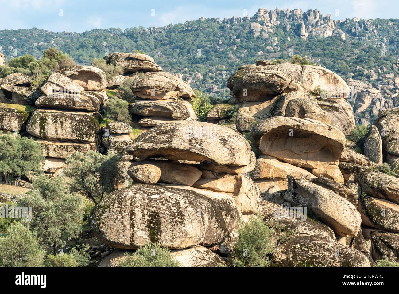 Rock boulders piled upon each other in Cine valley in Aydin province of Turkey. Stock Photo