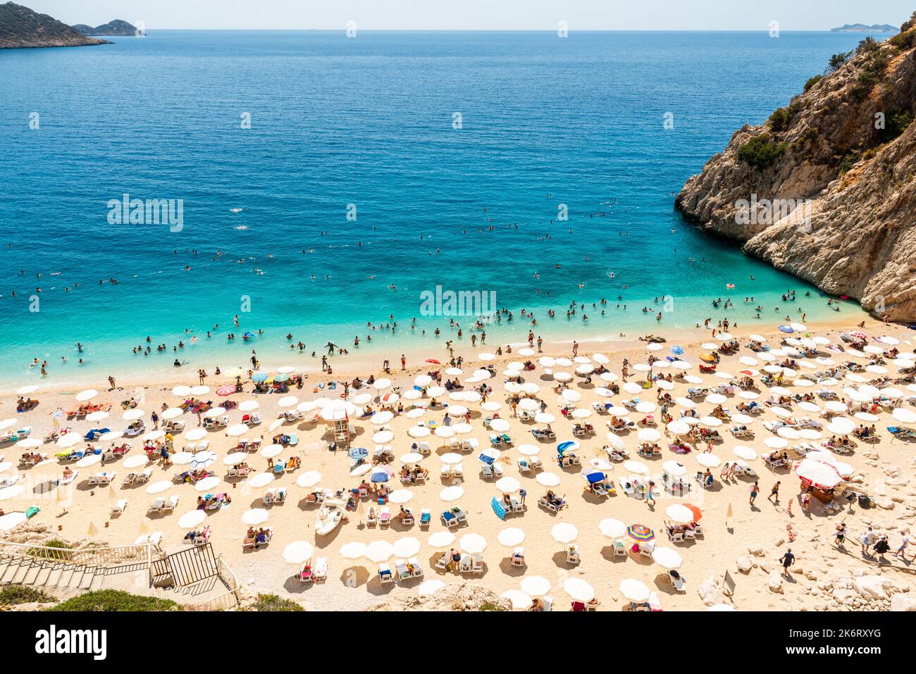 Kalkan, Antalya, Turkey – August 13, 2021. View over Kaputas beach near Kalkan resort town of Antalya province in Turkey. The sandy little cove of Kap Stock Photo