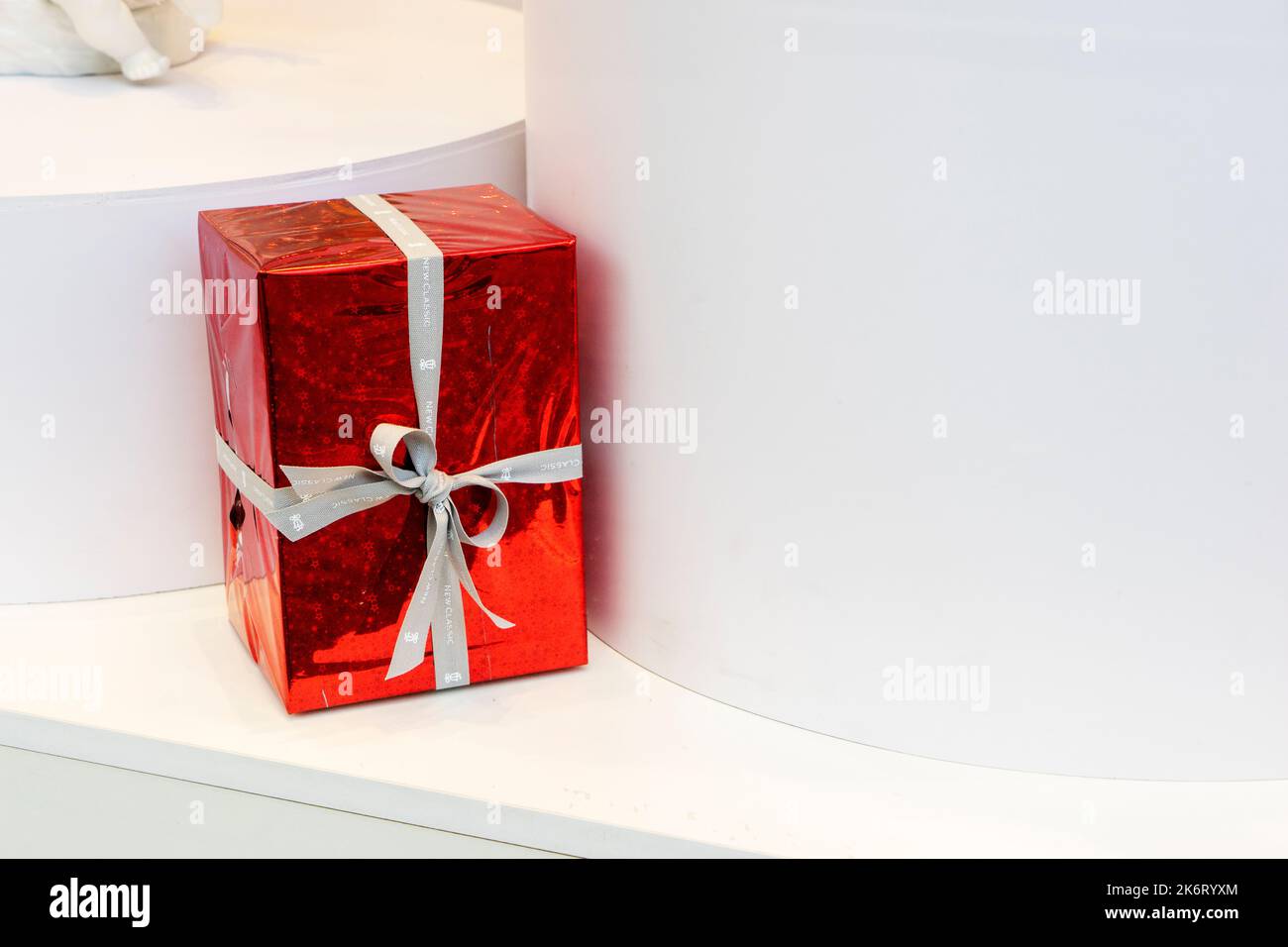 Red gift box with white ribbon isolated on white background Stock Photo ...