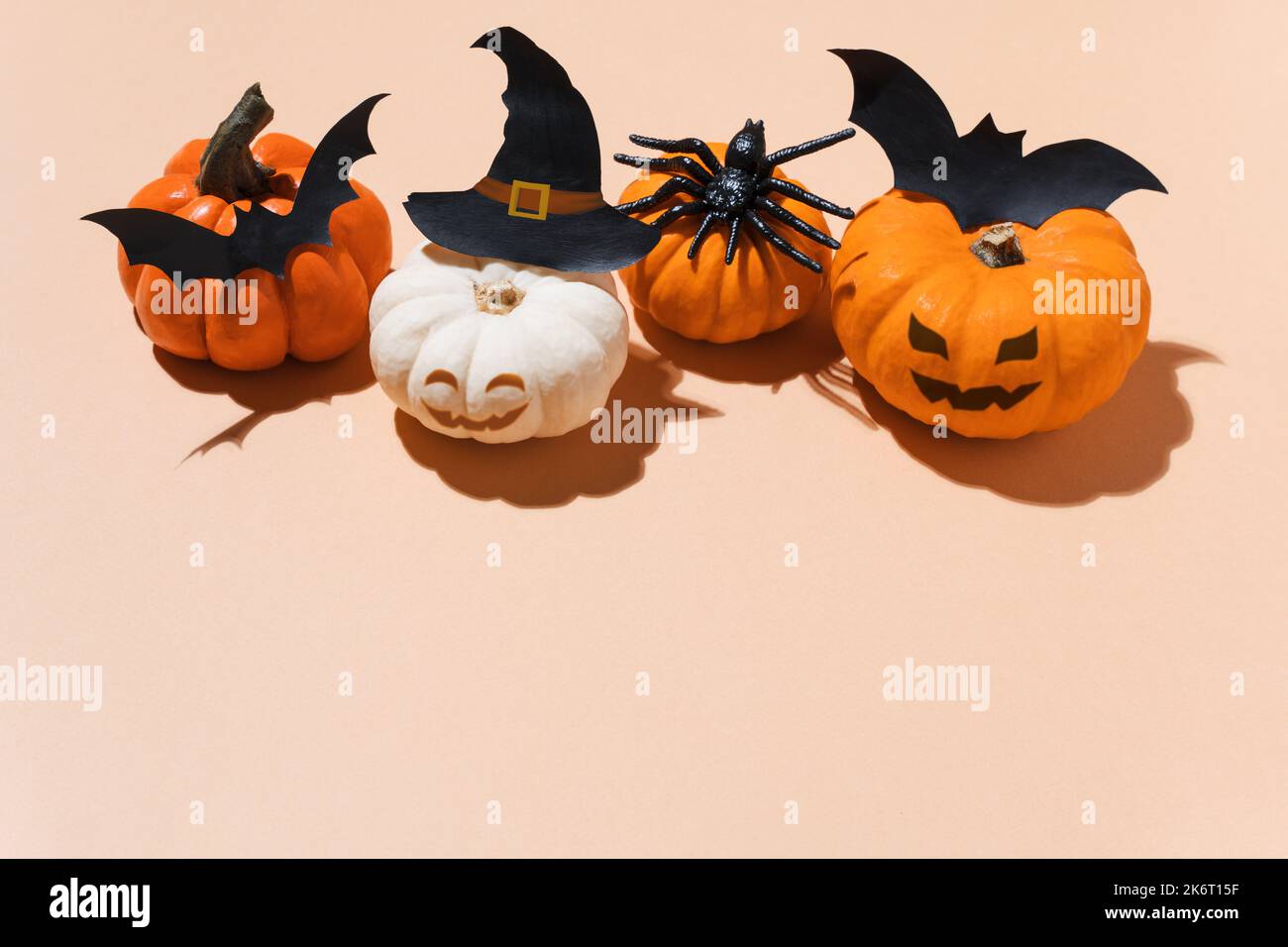 Halloween party decoration - pumpkins with bats, spiders and witch hat accessories. Pumpkin Halloween decoration idea. Copy space, blogs, promotion, s Stock Photo