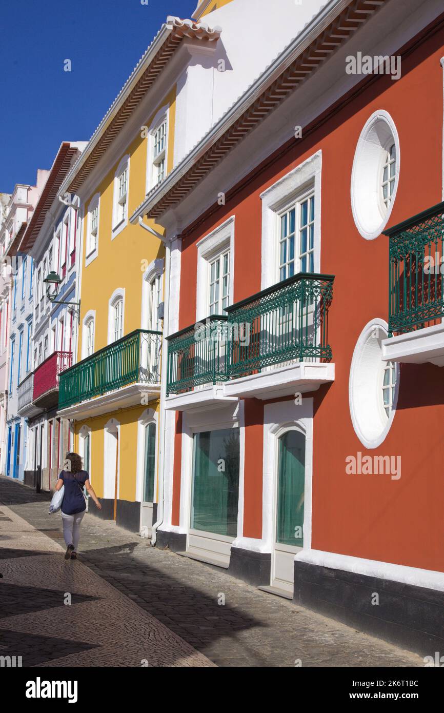 Portugal, Azores, Terceira Island,  Angra do Heroismo, street scene, typical architecture, Stock Photo