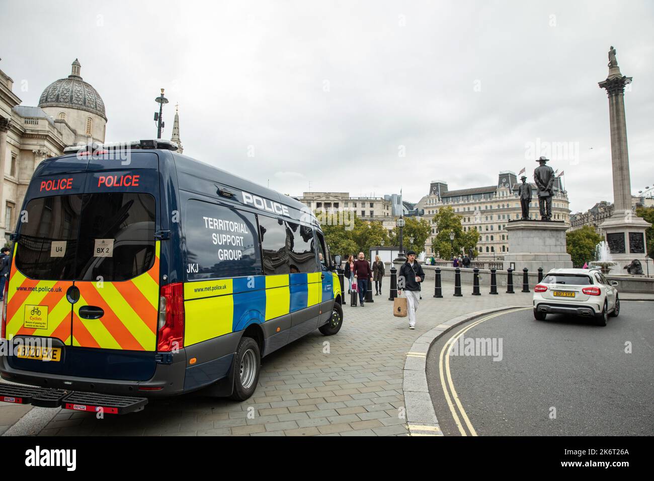 London, UK. 14th October, 2022. A Metropolitan Police Territorial Support Group vehicle is pictured parked on the pavement close to Trafalgar Square before a protest by climate activists from Extinction Rebellion to highlight the climate and cost of living crises. Extinction Rebellion climate activists are currently holding a three-day October Rebellion in central London. Credit: Mark Kerrison/Alamy Live News Stock Photo