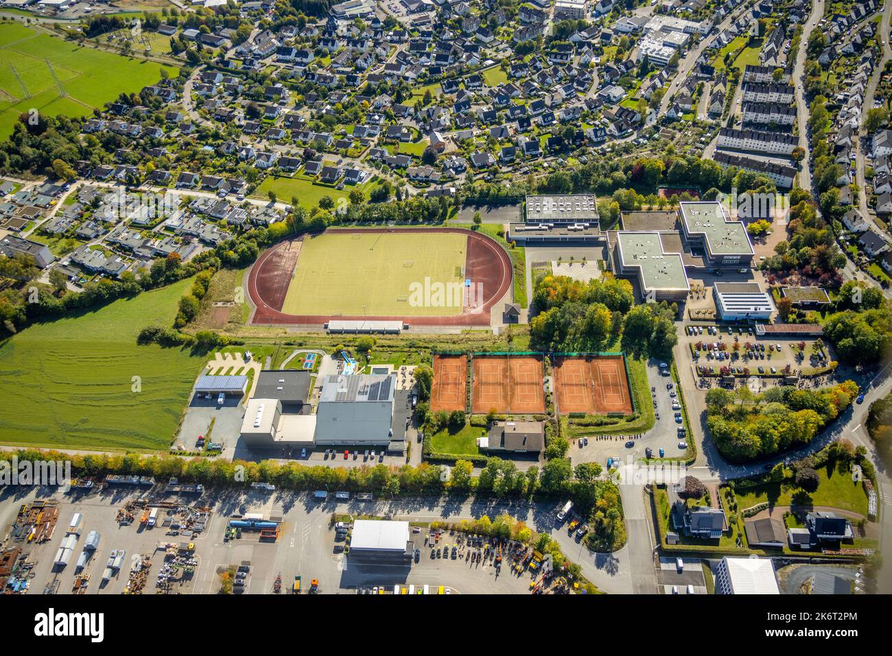 , aerial view, municipal high school, leisure world Sauerland Schmallenberg, sports field, Wormbach, Schmallenberg, Sauerland, North Rhine-Westphalia, Stock Photo