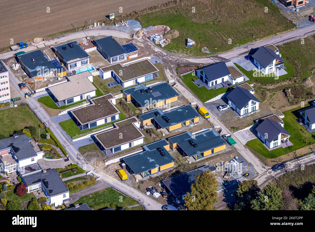 , aerial view, new construction housing estate, single family houses
