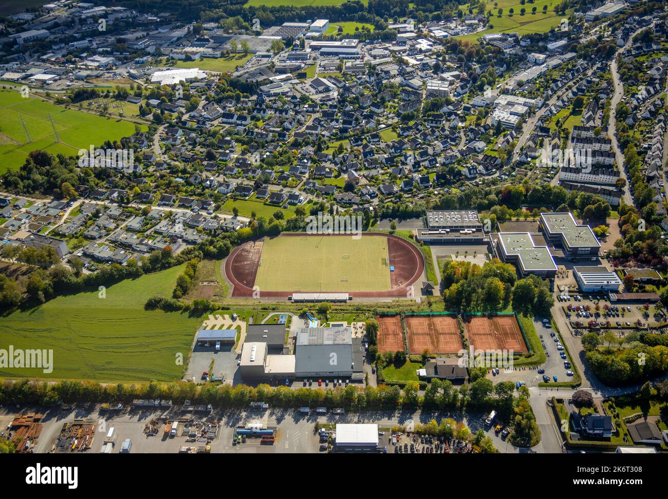 , aerial view, municipal high school, leisure world Sauerland Schmallenberg, sports field, Wormbach, Schmallenberg, Sauerland, North Rhine-Westphalia, Stock Photo