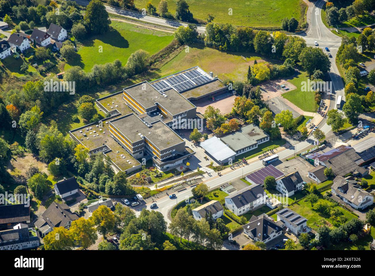 , aerial view, Erich Kästner-Realschule, Fredeburg, Schmallenberg, Sauerland, North Rhine-Westphalia, Germany, Education, Educational institution, DE, Stock Photo