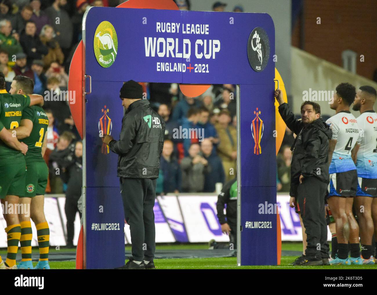 Australia v Fiji: Rugby League World Cup Headingley, Leeds, West Yorkshire  Teams are out ahead of the Rugby League World Cup 2021 group B match between Australia v Fiji at Headingley Stadium, Leeds on October 15, 2022 . (Photo by Craig Cresswell/Alamy Live News) Stock Photo