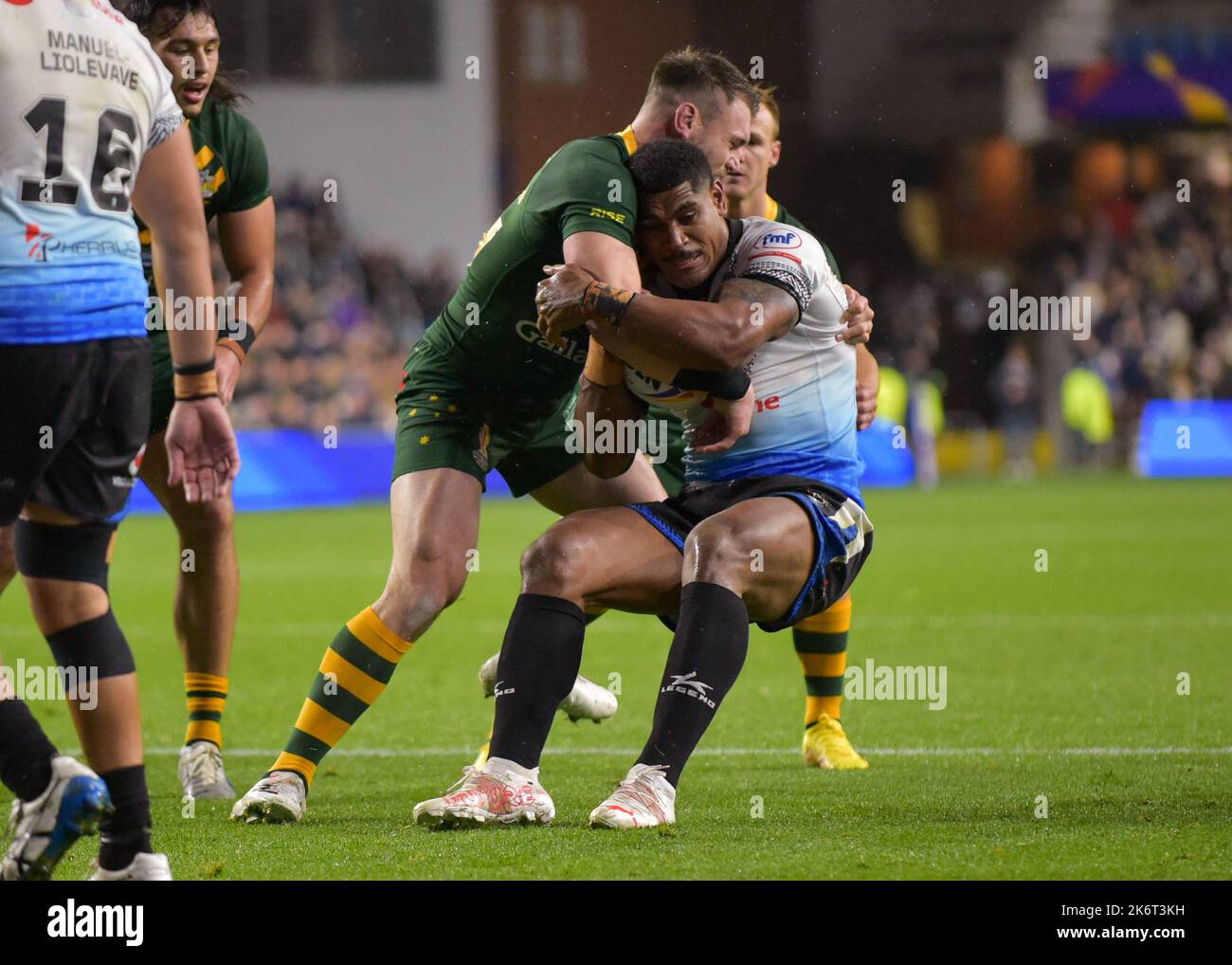 Australia v Fiji: Rugby League World Cup Headingley, Leeds, West Yorkshire  Fiji tackled during the Rugby League World Cup 2021 group B match between Australia v Fiji at Headingley Stadium, Leeds on October 15, 2022 . (Photo by Craig Cresswell/Alamy Live News) Stock Photo