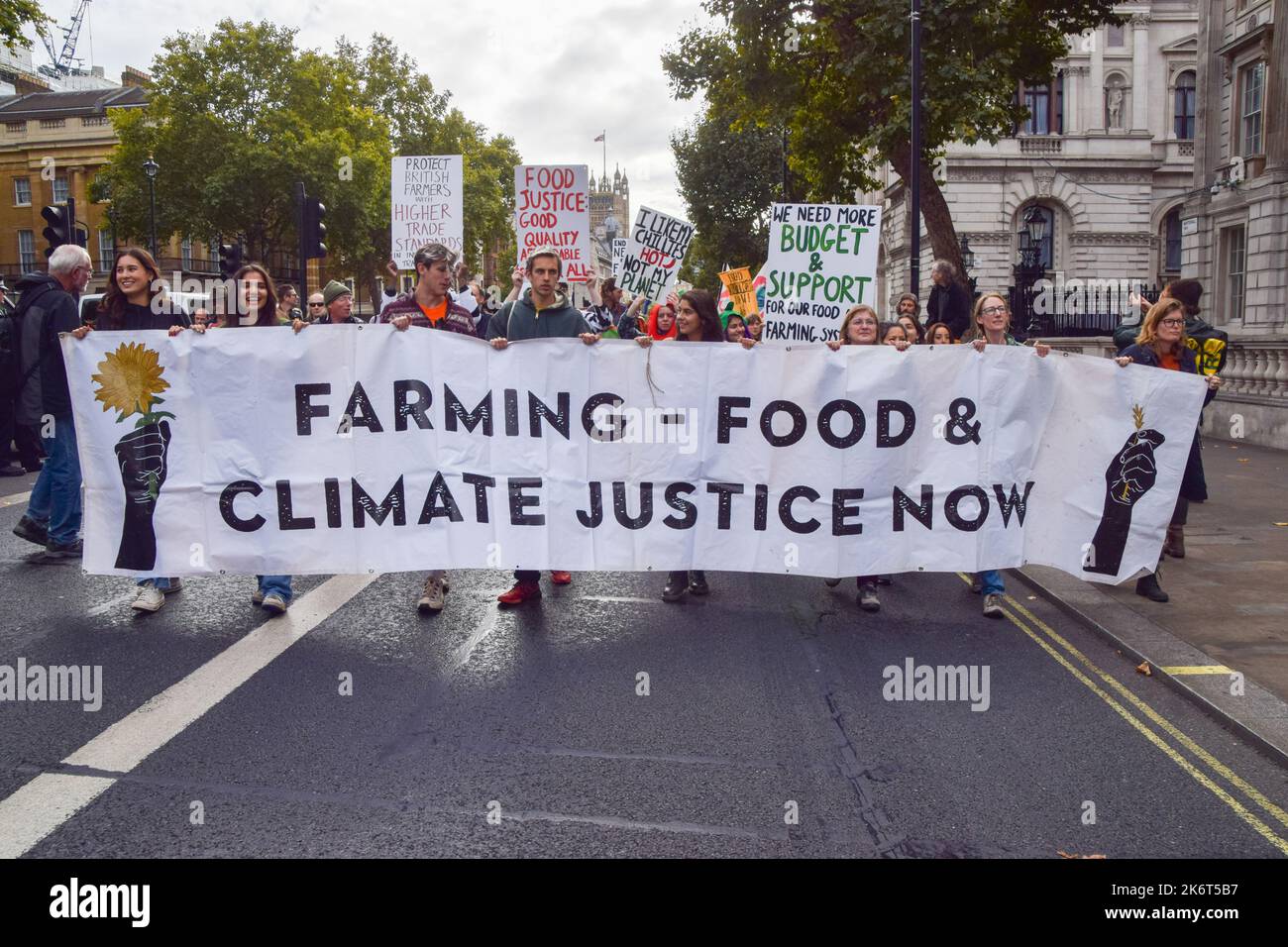 London, UK. 15th October 2022. Protesters in Whitehall. Farmers and supporters marched in Westminster demanding a better food and farming system in the UK, to save environmental land management schemes, and to protect nature. Credit: Vuk Valcic/Alamy Live News Stock Photo
