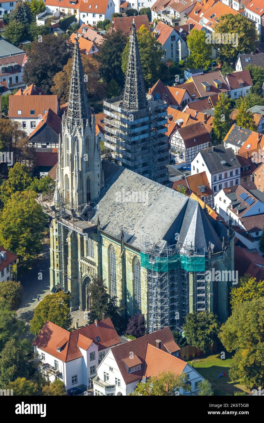Aerial view, construction site renovation evang. church Sankt Maria zur