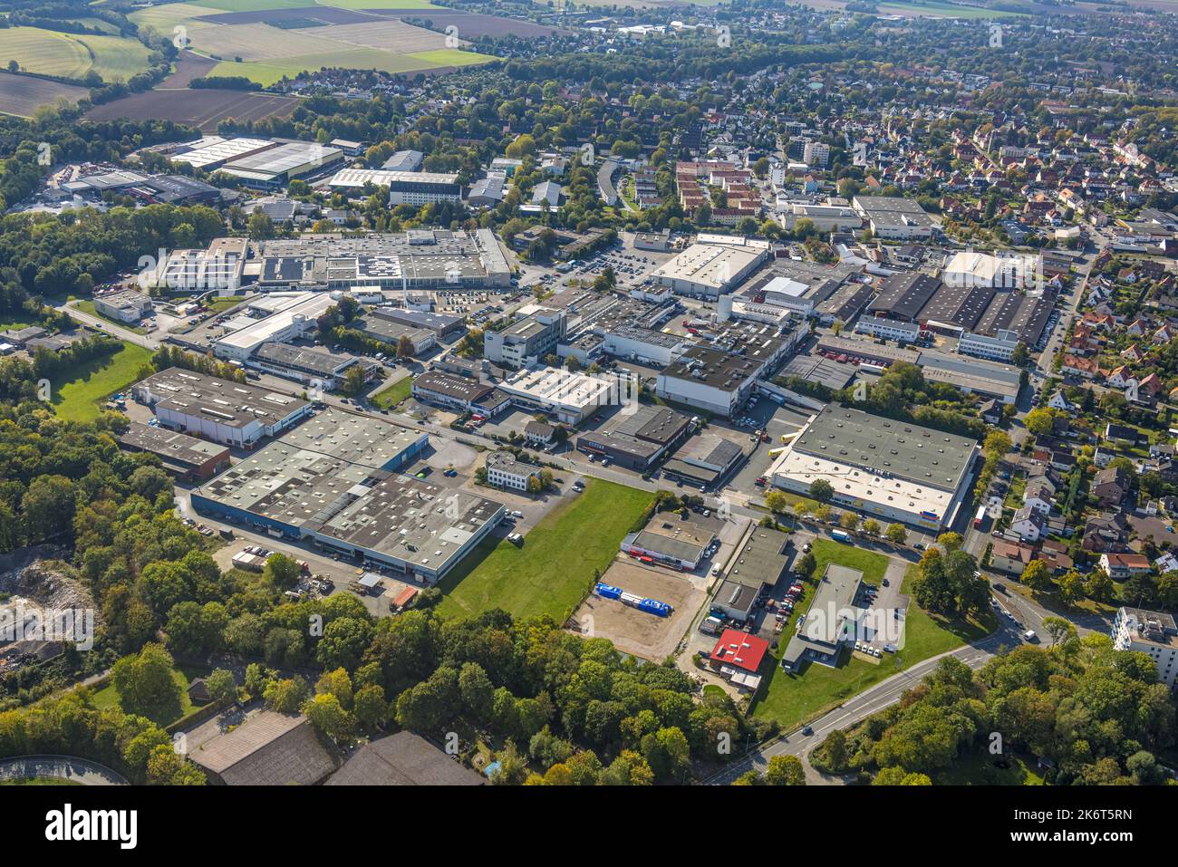 Aerial view, industrial area south-east, Soest, Soester Börde, North Rhine-Westphalia, Germany, DE, Europe, Commercial enterprises, Commercial space, Stock Photo