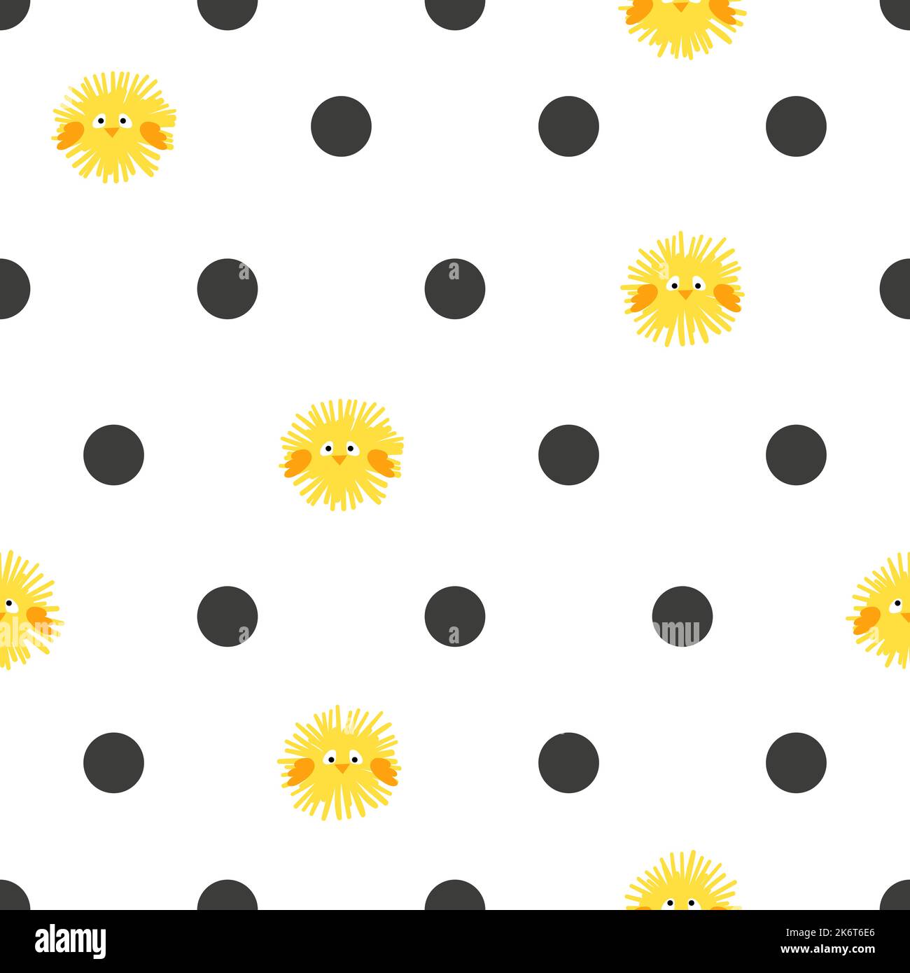 Seamless polka dot pattern with cute little chickens. Stock Vector