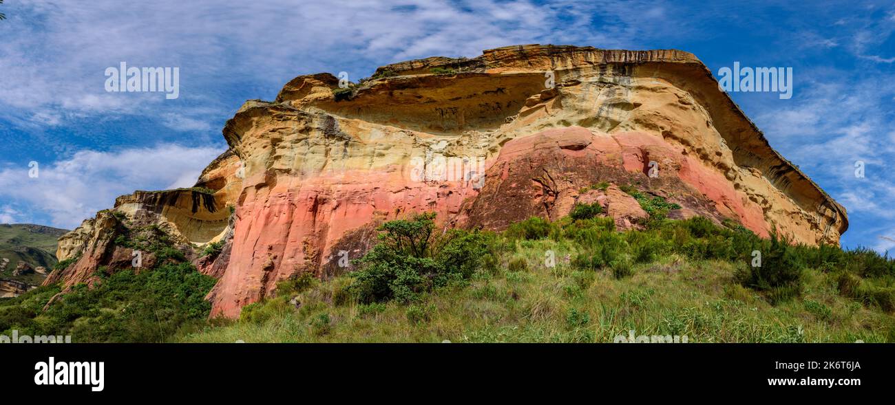 A panorama of Mushroom Rock in the Golden Gate Highlands National Park. This nature reserve is part of the Maluti Mountains belonging to the Drakensbe Stock Photo