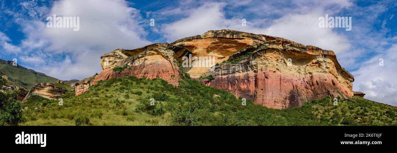 A panoramic view of Mushroom Rock in the Golden Gate Highlands National Park. This nature reserve is part of the Maluti Mountains belonging to the Dra Stock Photo