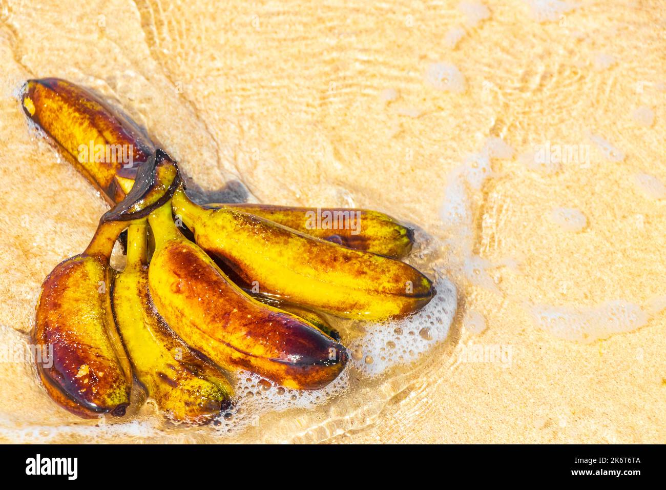 Banana bundle fruits floats in water on beach in Playa del Carmen