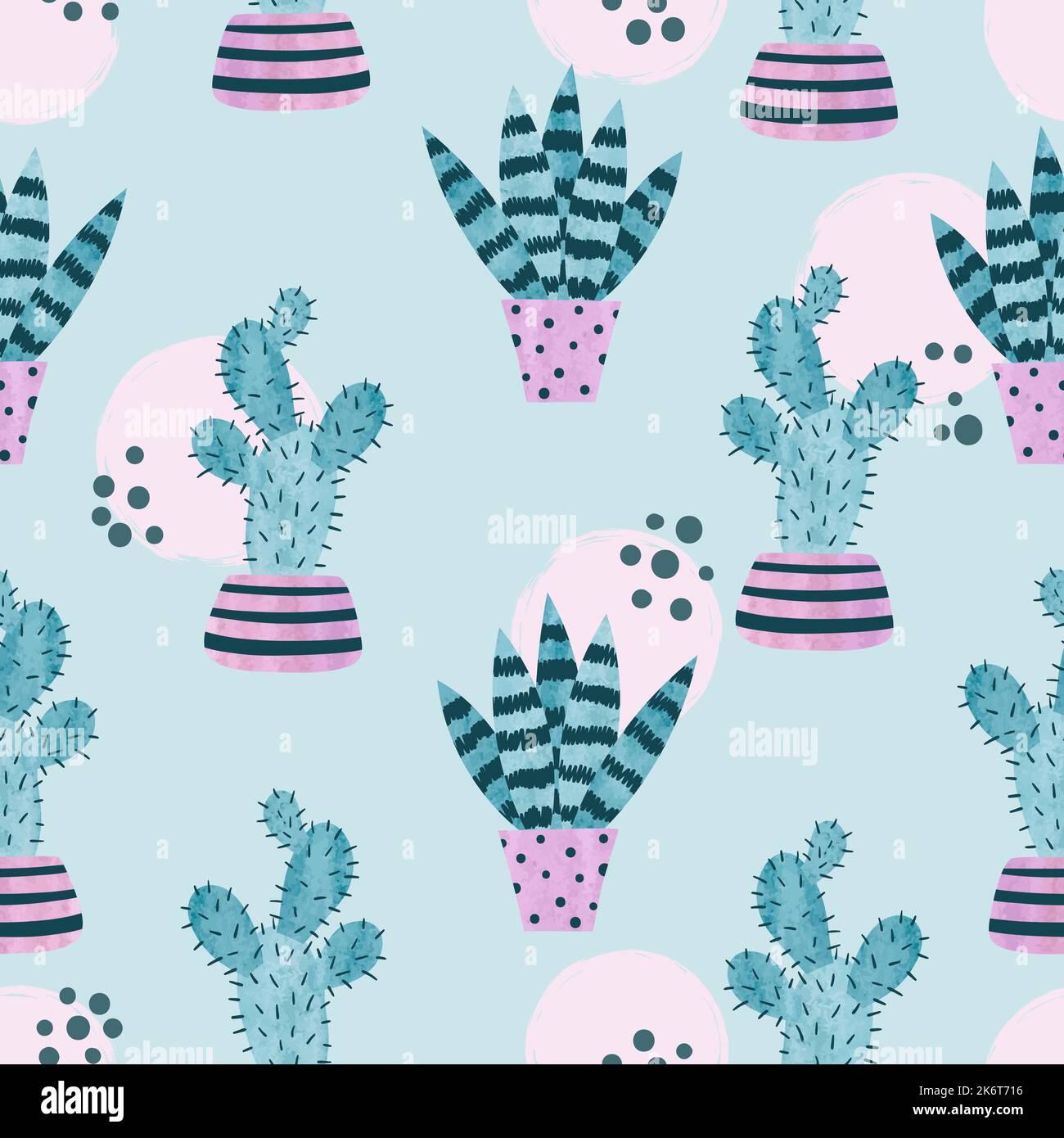 Seamless watercolor plants in pots pattern. Cute cactus vector print ...