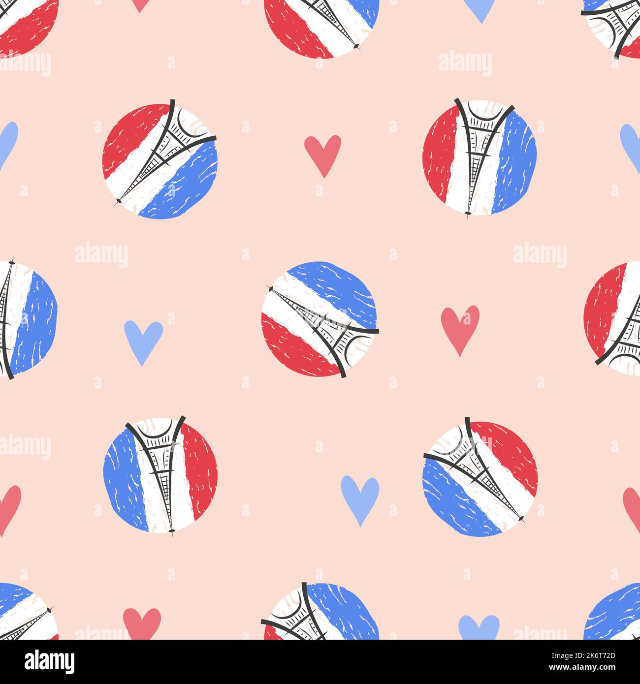 Eiffel tower with hearts seamless pattern. Paris symbols vector illustration. Stock Vector