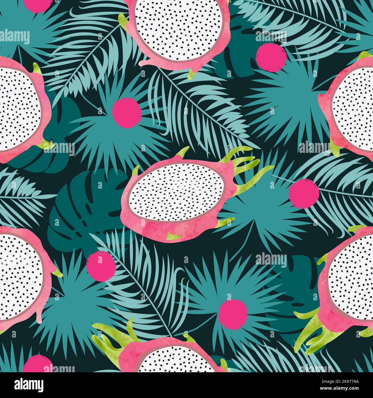 Tropical vector pattern with dragon fruit and jungle leaves. Summer ...