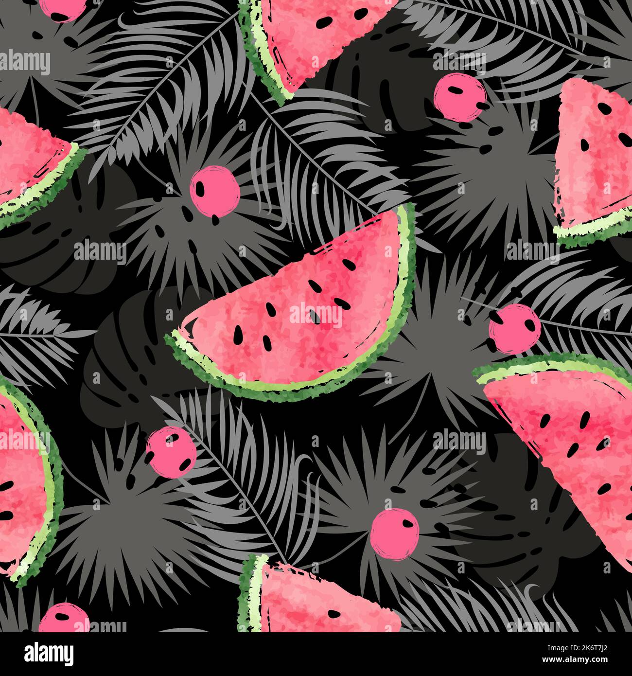 Tropical vector pattern with watermelons and jungle leaves. Summer ...