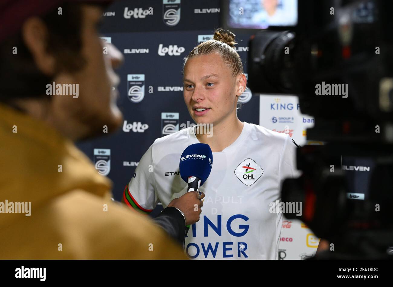 Ella Van Kerkhoven (3) of OHL pictured being interviewed after a female soccer game between Oud