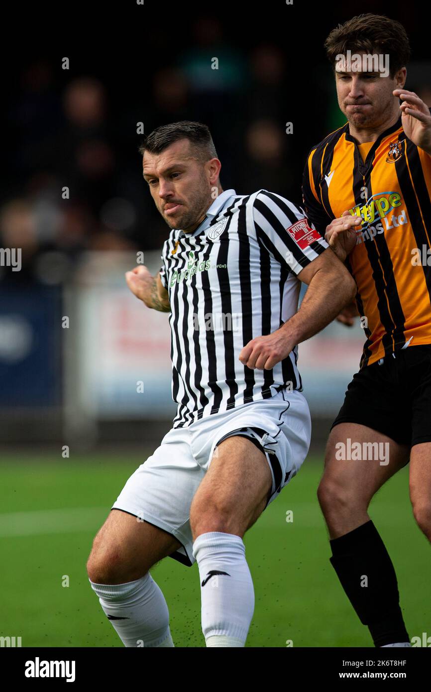 Merthyr Tydfil, UK. 15th Oct, 2022. Lewis Powell of Merthyr Town in action. Merthyr Town v Folkestone Invicta in the FA Cup 4th qualifying round at Penydarren Park on the 15th October 2022. Credit: Lewis Mitchell/Alamy Live News Stock Photo