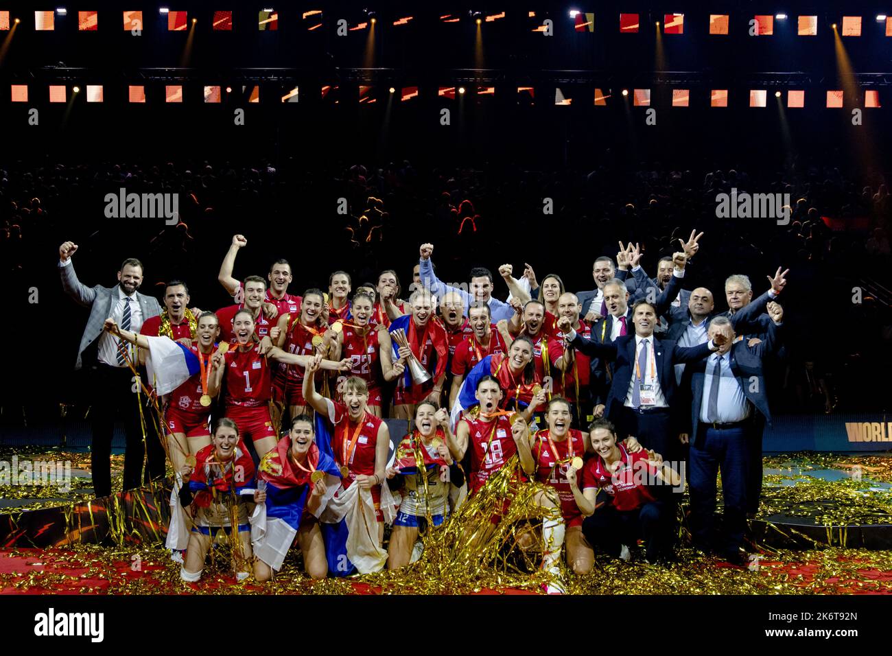 APELDOORN - Serbia wins the final of the Volleyball World Cup in Omnisport Apeldoorn. They won the last game against Brazil. ANP SANDER KING Stock Photo