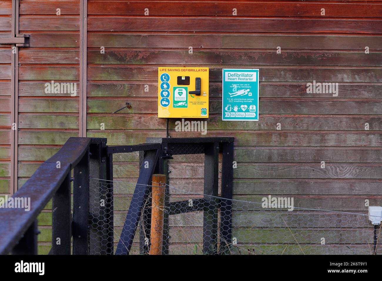 A life saving defibrillator mounted on the visitor centre at St Aidan's