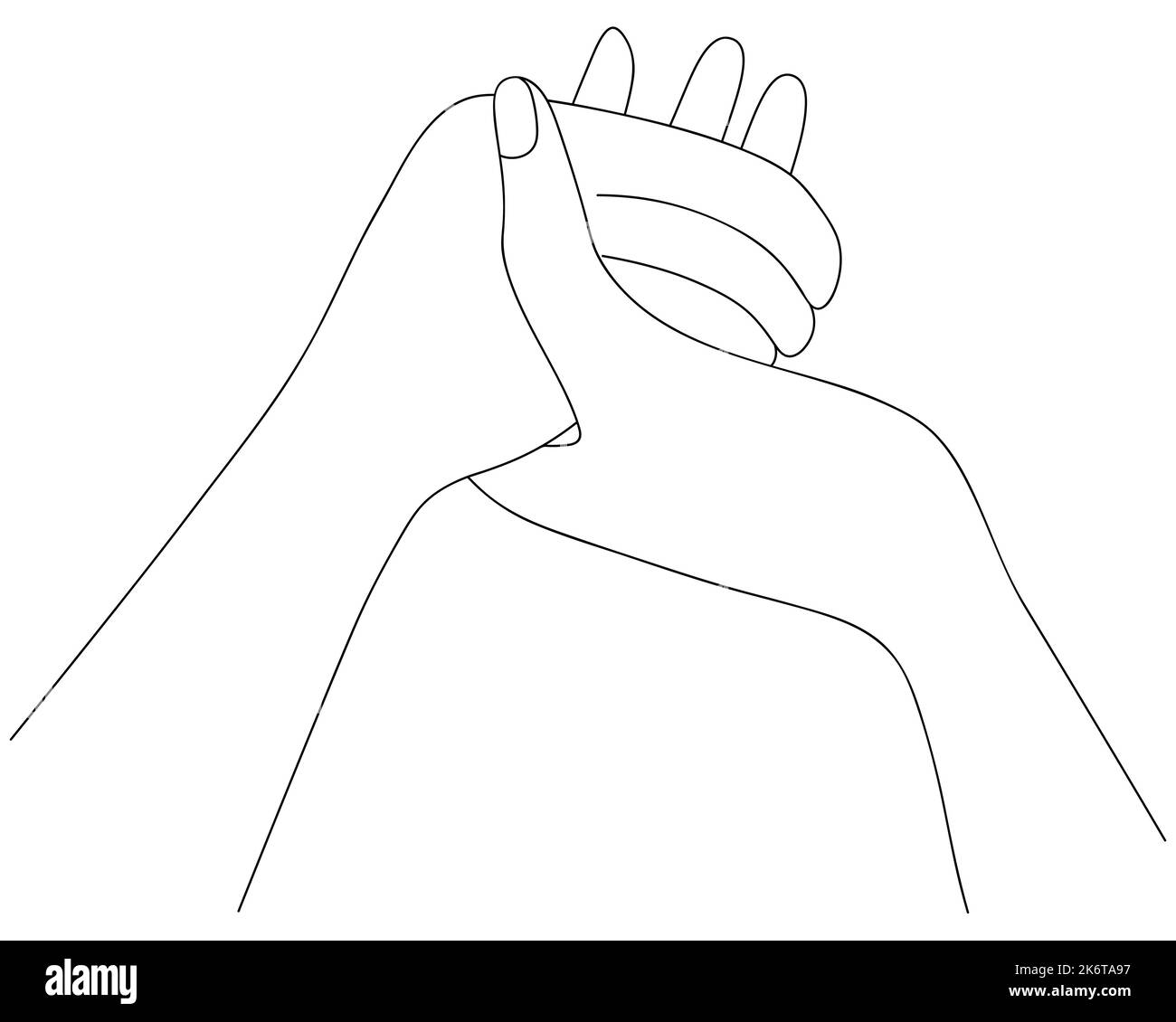 People are holding hands. Prayer at the dinner table. Sketch. Vector illustration. Outline on an isolated white background. Coloring book Stock Vector