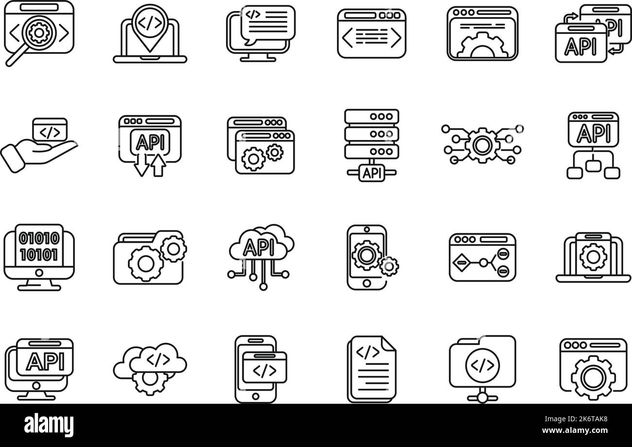 API icons set outline vector. Code develop. Computer software Stock Vector