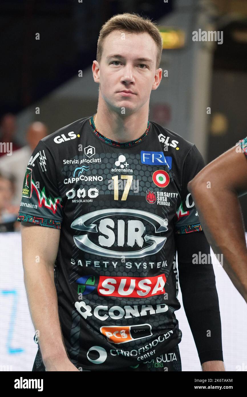 Perugia, Italy. 15th Oct, 2022. oleh plotnytskyi (n.17 sir safety susa  perugia) during Sir Safety Susa Perugia vs WithU Verona, Volleyball Italian  Serie A Men Superleague Championship in Perugia, Italy, October 15