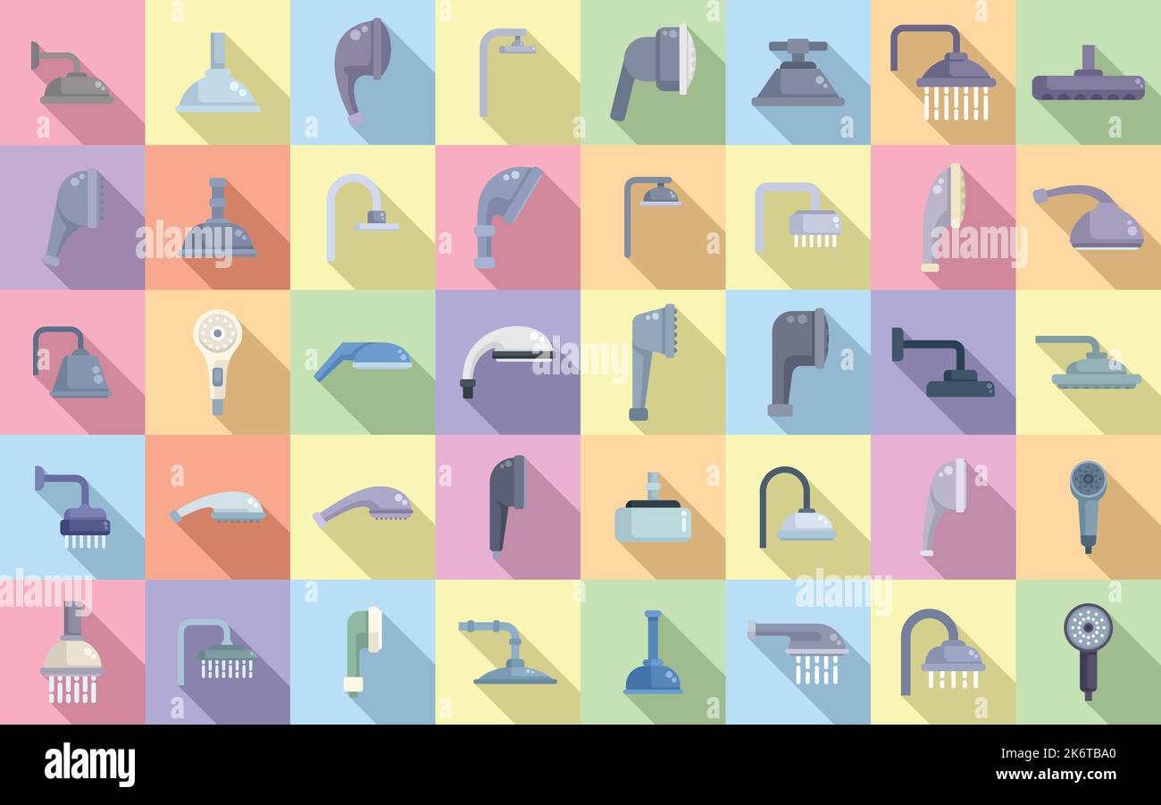 Shower heads icons set flat vector. Water bathroom. Falling hose Stock