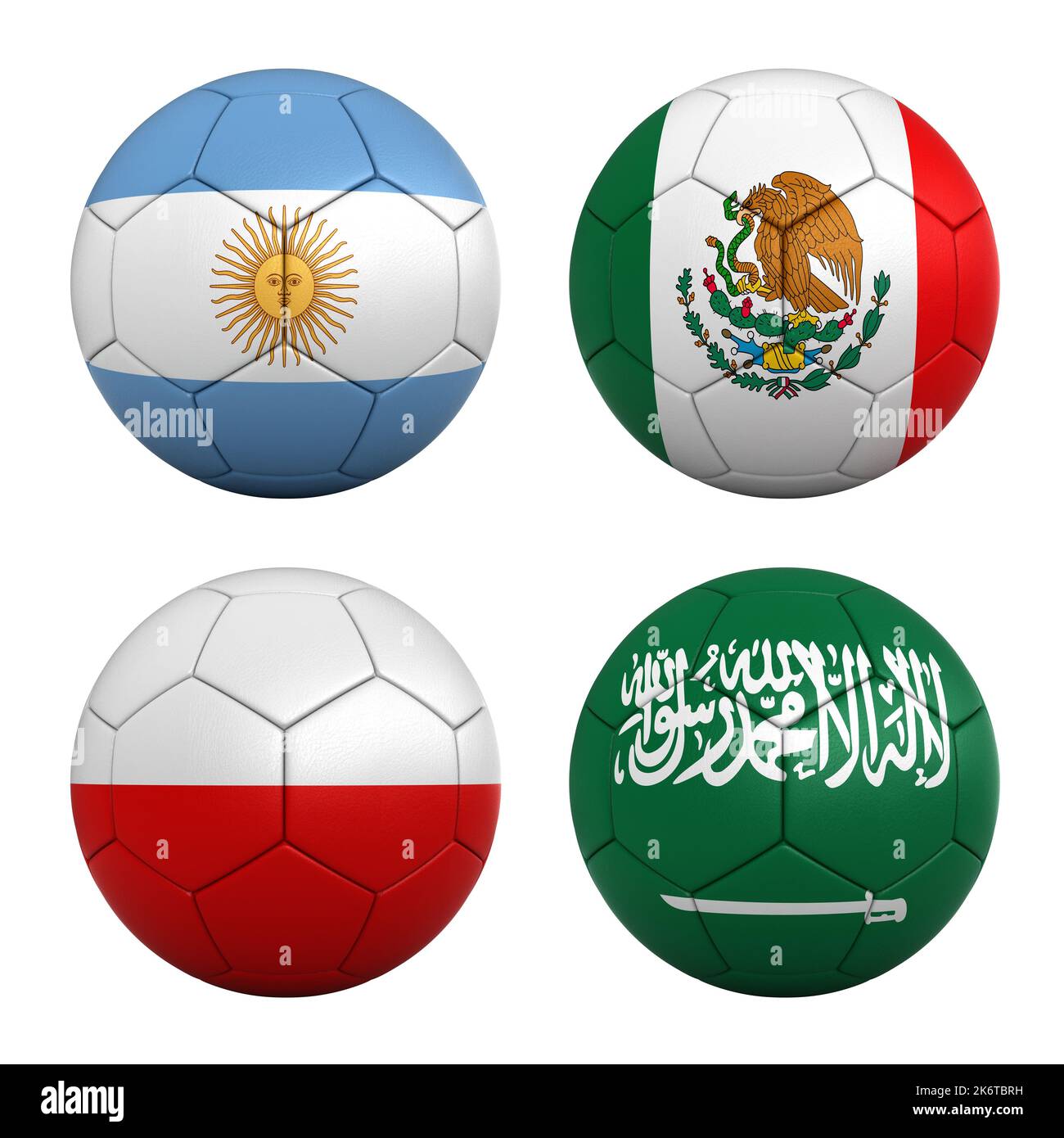 Football balls with the flags of the teams in Group C of the FIFA World Cup 2022 - Argentina, Mexico, Poland and Saudi Arabia Stock Photo