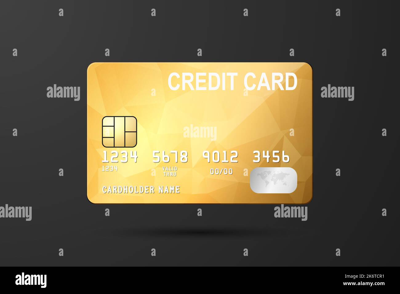 Vector 3d Realistic Yellow Golden Credit Card on Black Background. Design Template of Plastic Credit or Debit Card for Mockup, Branding. Credit Card Stock Vector