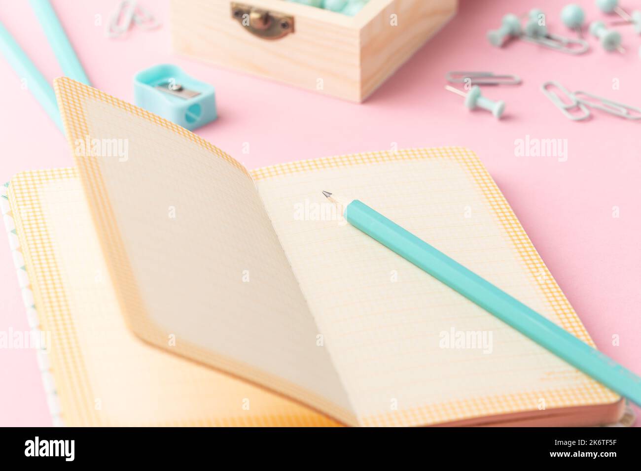 School stationery in turquoise color, flat lay. Back to school Stock Photo
