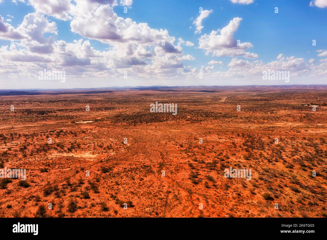 Vast arid deserted red soil outback at Broken hill to Silverton in Australia - aerial landscape. Stock Photo